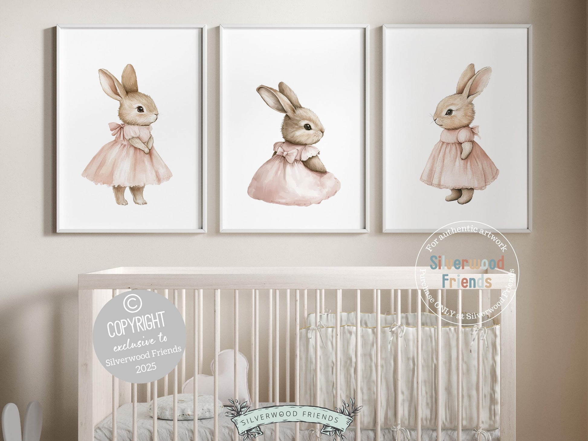 Our adorable Bunny Nursery Prints, featuring watercolor bunny rabbits in sweet pink dresses, add a whimsical touch to your little girls woodland-themed nursery. A charming and unique baby shower gift that will be cherished for years to come!