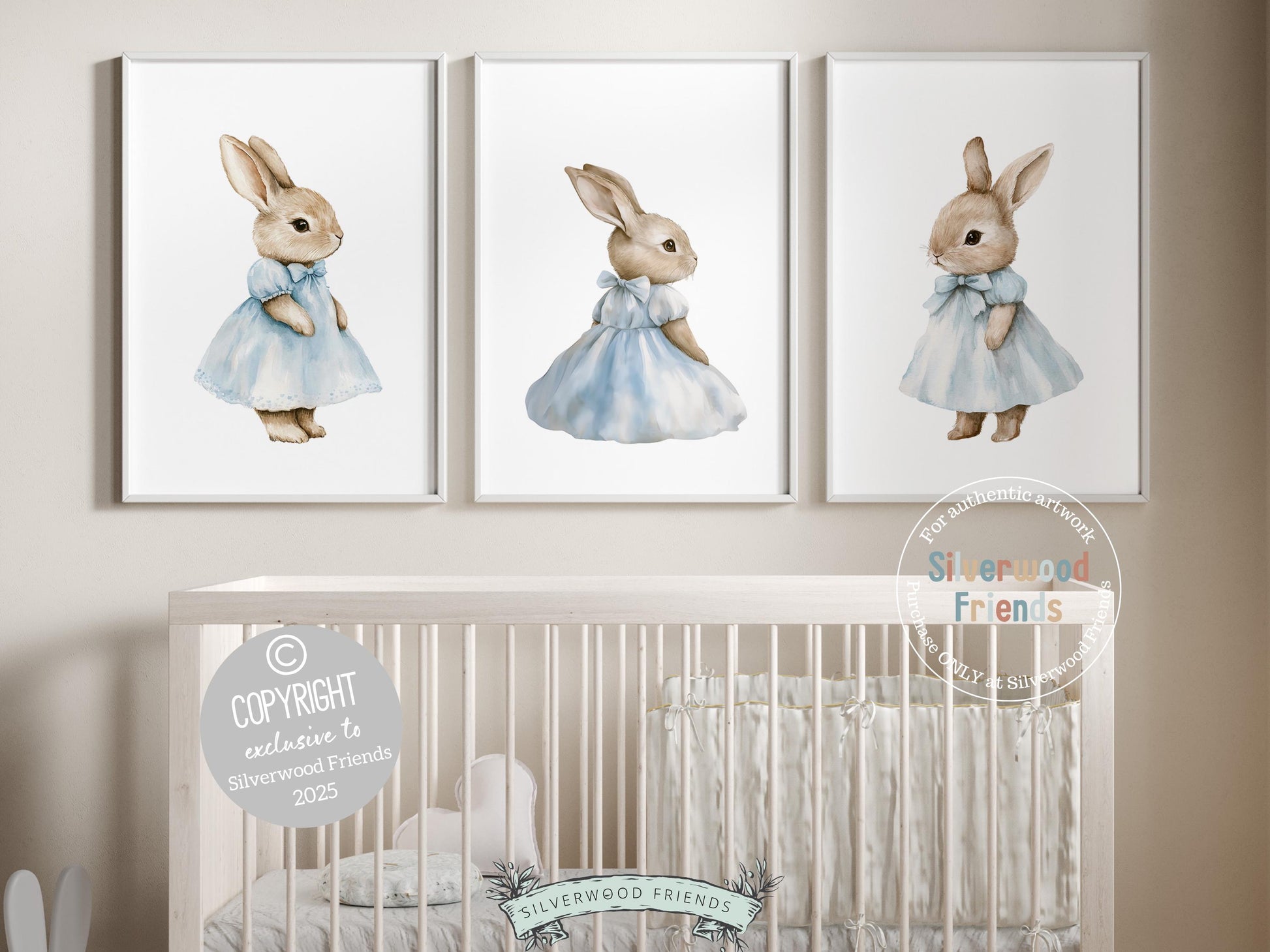 Our adorable Bunny Nursery Prints, featuring watercolor bunny rabbits in sweet blue dresses, add a whimsical touch to your woodland themed nursery. A charming and unique baby shower gift that will be cherished for years to come!