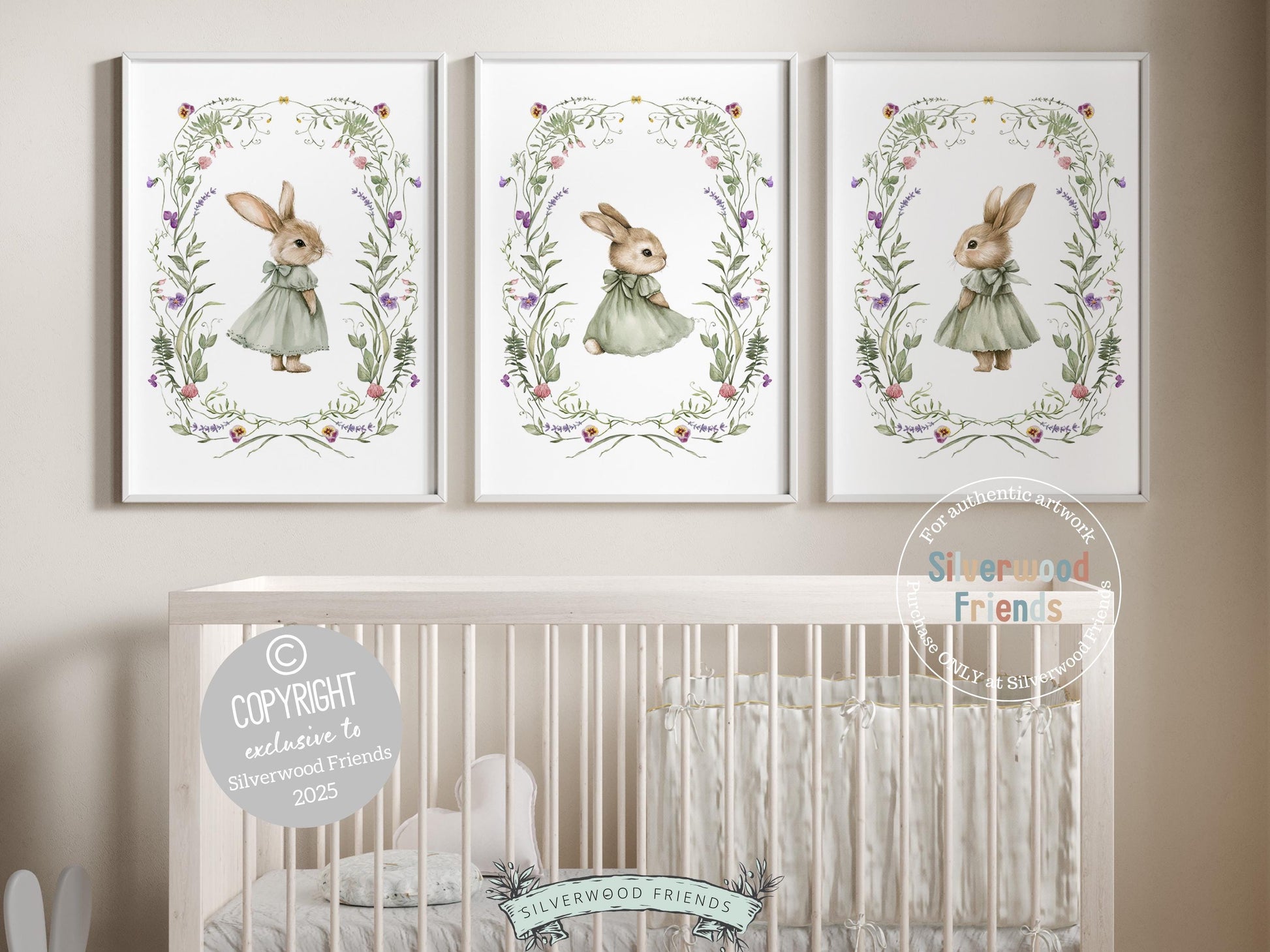 Our enchanting Bunny Nursery Prints, featuring whimsical watercolor bunnies in sage green dresses nestled among delicate wildflowers, brings a touch of magic to your little ones woodland or wildflower-themed nursery. A charming and unique baby shower gift, perfect for creating a dreamy, nature-inspired space!