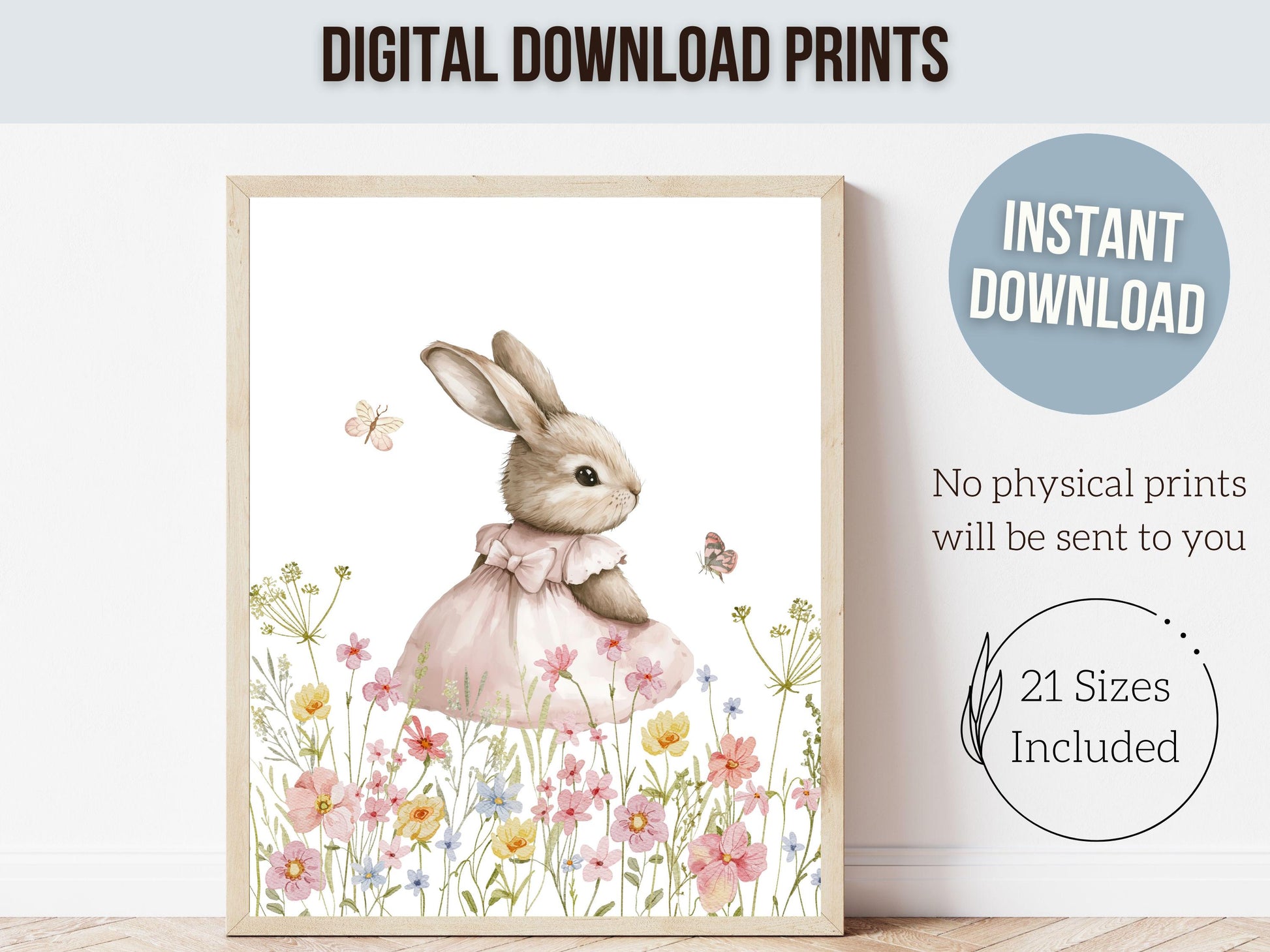 Bunny Nursery Prints, Floral Bunny Nursery Wall Art, Wildflower Nursery Decor, Girl Nursery Print, Spring Easter Bunny Nursery Digital Print