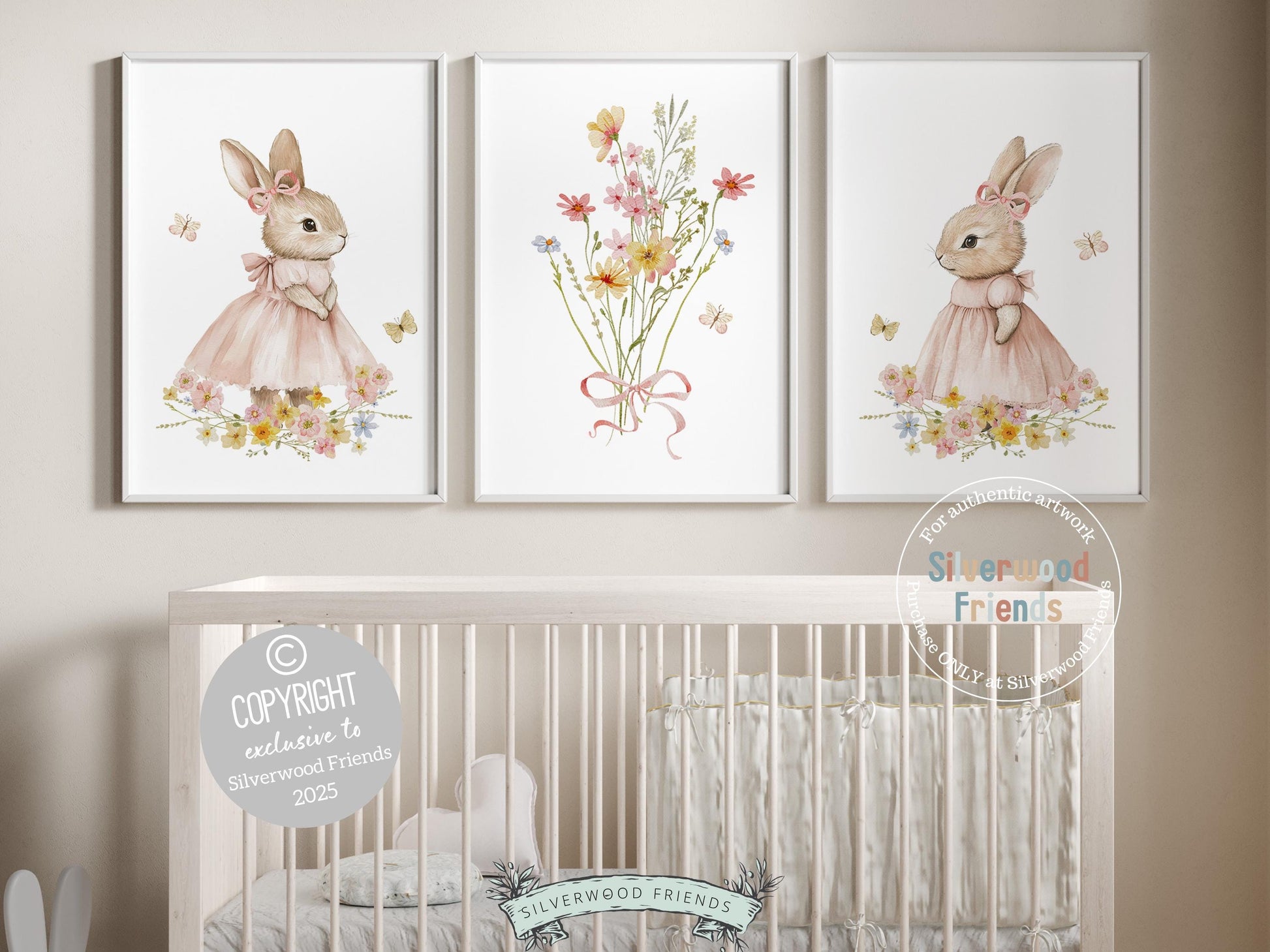 Welcome the beauty of spring into your little ones nursery with our charming Bunny Nursery Prints! Featuring whimsical watercolor bunnies surrounded by delicate wildflower bouquet and butterflies, these prints bring a dreamy, nature-inspired touch to any spring or woodland-themed space. A perfect way to create a whimsical haven and a unique baby shower gift to be treasured!