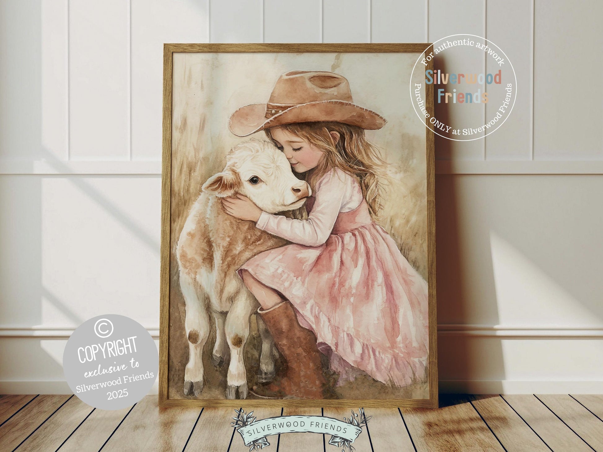 This charming watercolor print captures a sweet moment between a little cowgirl and her beloved calf, bringing warmth and rustic charm to any space. Perfect for western themed nurseries or kids farmhouse bedrooms, it also makes a heartfelt baby shower gift to be treasured for years to come!