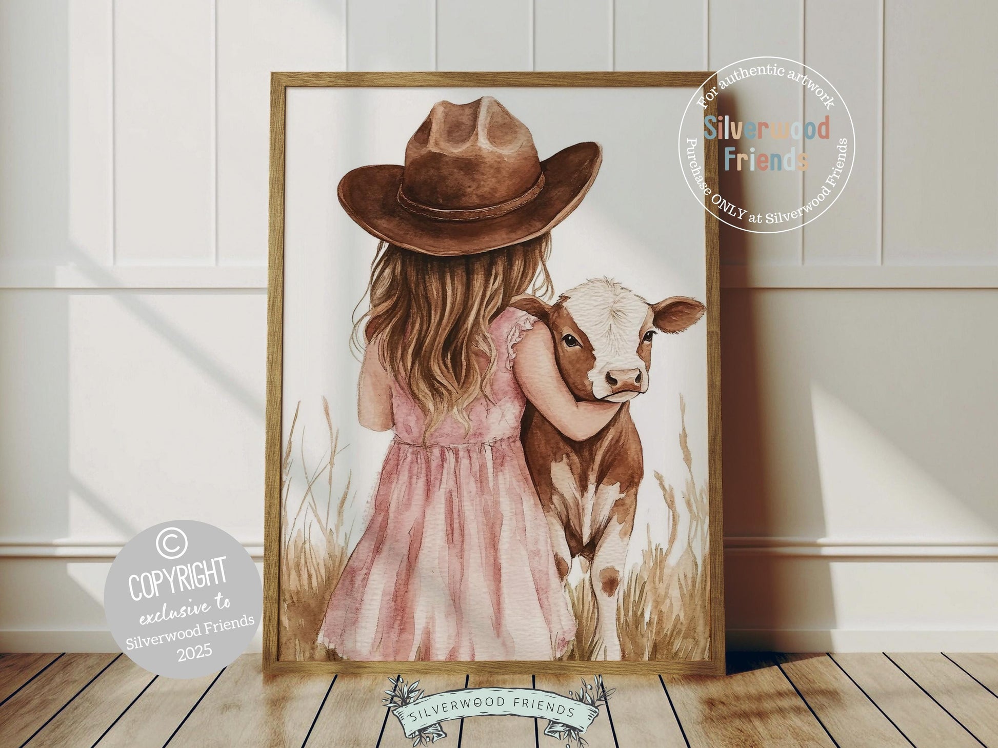 This charming watercolor print captures a sweet moment between a little cowgirl and her beloved calf, bringing warmth and rustic charm to any space. Perfect for western themed nurseries or kids farmhouse bedrooms, it also makes a heartfelt baby shower gift to be treasured for years to come!