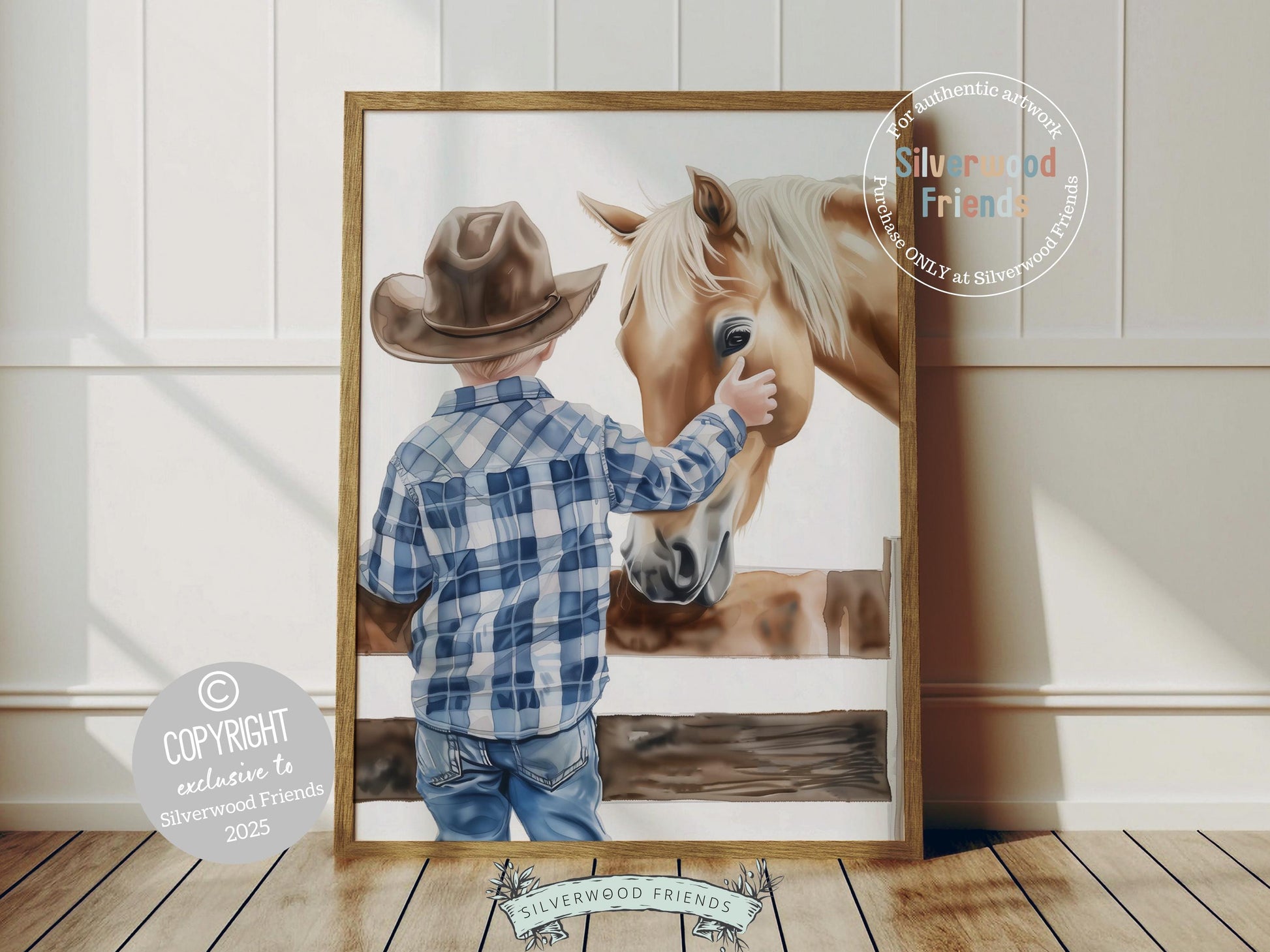 Bring a touch of rustic charm to your baby boys nursery with our Cowboy Nursery Print, showcasing a sweet little blonde cowboy gently patting his tan horse. Perfect for western-themed decor, this heartfelt artwork also makes a thoughtful baby shower gift for horse loving families.