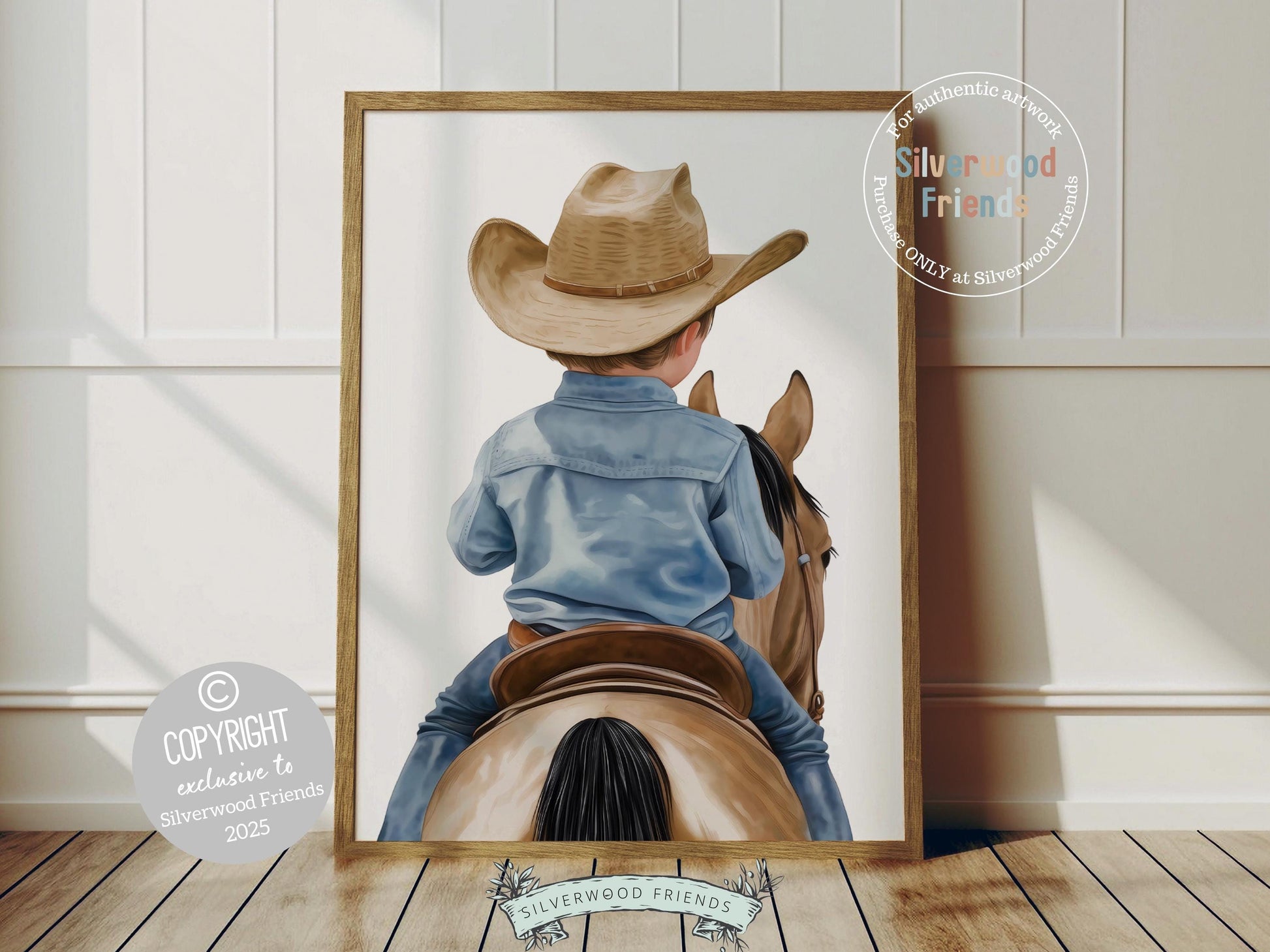 Add a touch of rustic charm to your baby boys nursery with our Cowboy Nursery Print, featuring an adorable little cowboy riding his trusty brown horse. Perfect for western themed decor and a thoughtful baby shower gift for horse loving families.