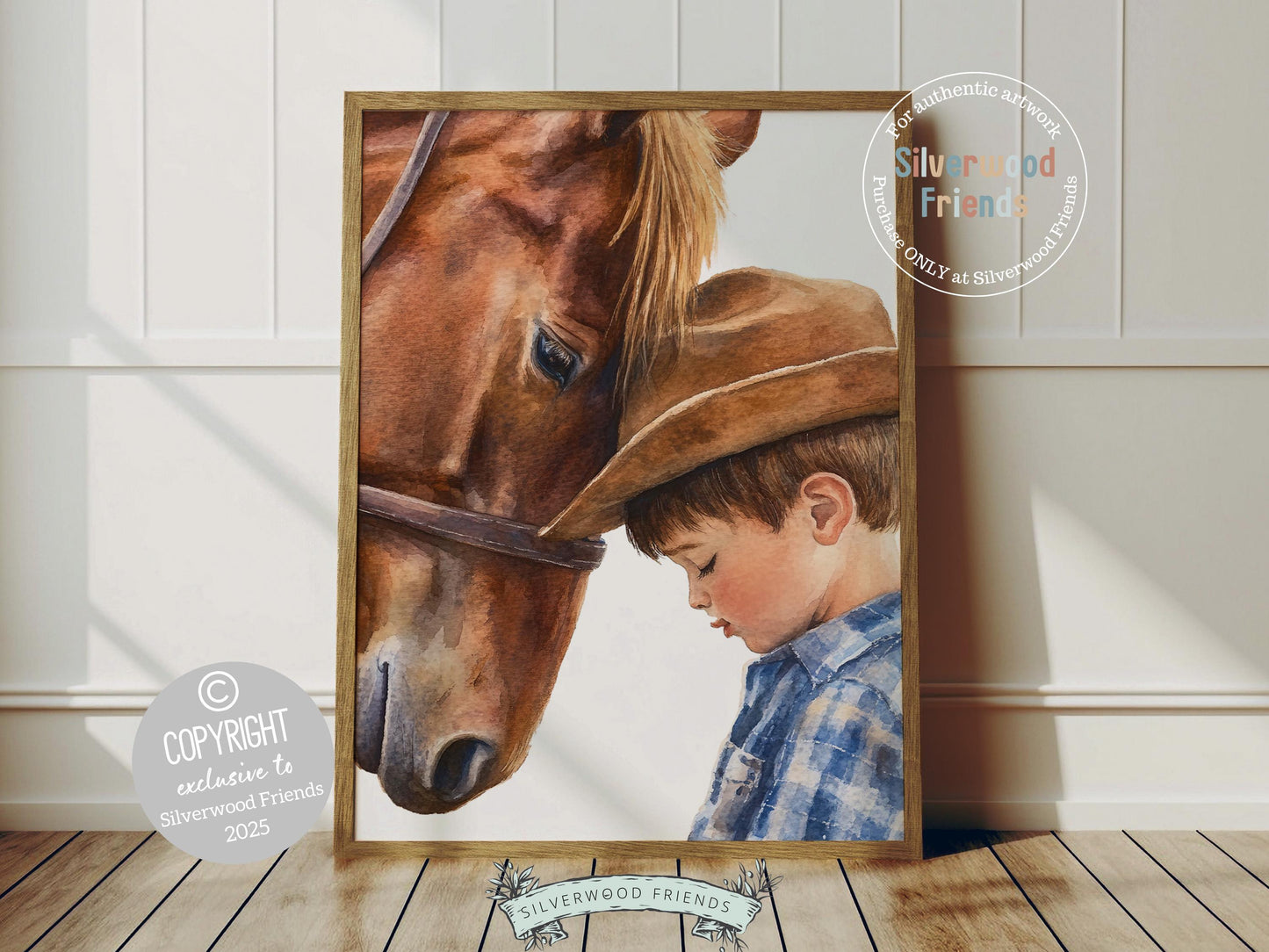 Add a touch of rustic charm to your baby boy&#39;s nursery with our Cowboy Nursery Print, featuring an adorable little cowboy sharing a special moment with his brown horse. Perfect for western themed decor and a thoughtful baby shower gift for horse loving families.