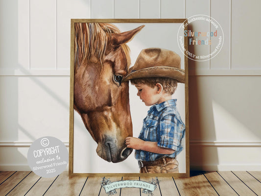 Add a touch of rustic charm to your baby boys nursery with our Cowboy Nursery Print, featuring an adorable little cowboy sharing a special moment with his horse. Perfect for western themed decor and a thoughtful baby shower gift for horse loving families.