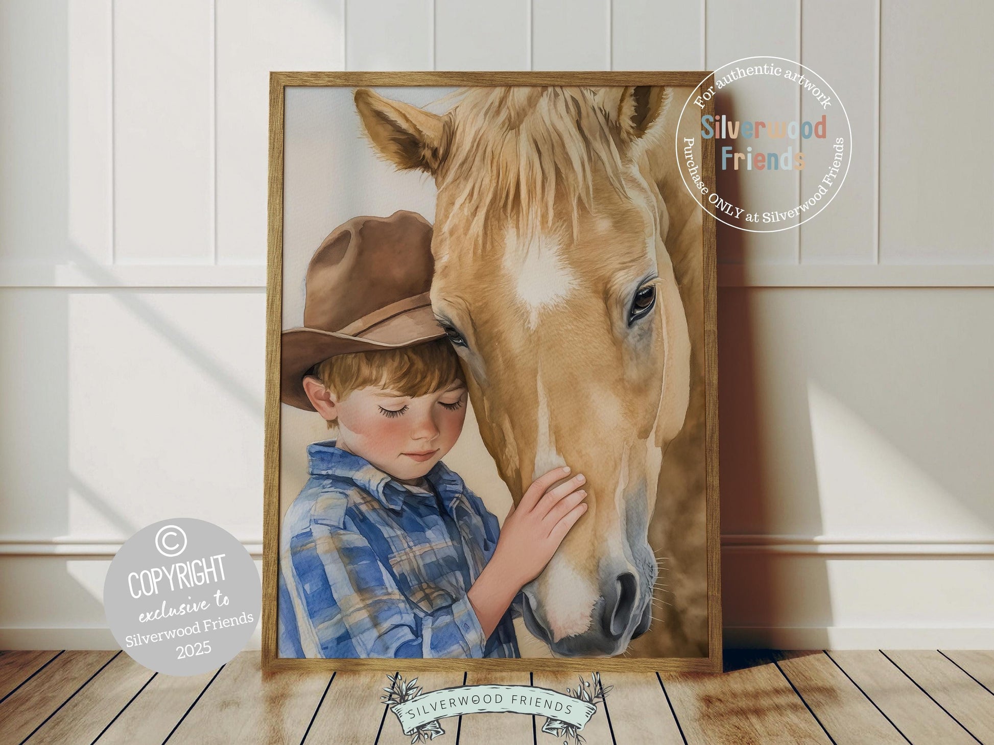 Add a touch of rustic charm to your baby boys nursery with our Cowboy Nursery Print, featuring an adorable little cowboy sharing a special moment with his adorable tan horse. Perfect for western themed decor and a thoughtful baby shower gift for horse loving families.