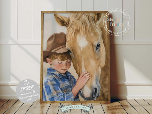 Add a touch of rustic charm to your baby boys nursery with our Cowboy Nursery Print, featuring an adorable little cowboy sharing a special moment with his adorable tan horse. Perfect for western themed decor and a thoughtful baby shower gift for horse loving families.