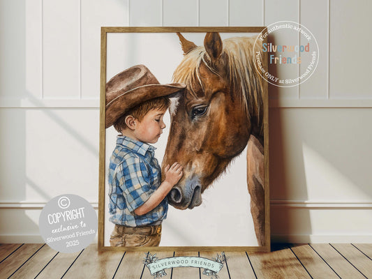 Add a touch of rustic charm to your baby boys nursery with our Cowboy Nursery Print, featuring an adorable little cowboy sharing a special moment with his horse. Perfect for western themed decor and a thoughtful baby shower gift for horse loving families.