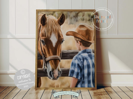 Add a touch of rustic charm to your baby boys nursery with our Cowboy Nursery Print, featuring an adorable little cowboy and his brown horse at a paddock fence. Perfect for western themed decor and a thoughtful cowboy baby shower gift for horse loving families.