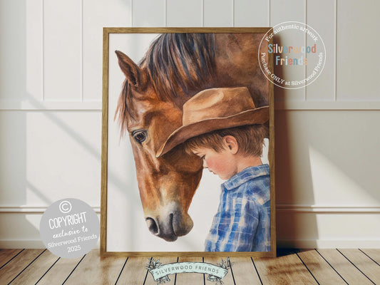 Add a touch of rustic charm to your baby boys nursery with our Cowboy Nursery Print, featuring an adorable little cowboy sharing a special moment with his brown horse. Perfect for western themed decor and a thoughtful baby shower gift for horse loving families.