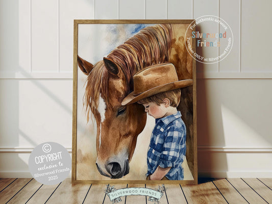Bring a touch of rustic charm to your baby boys nursery with our Cowboy Nursery Print, showcasing a sweet little cowboy and his loyal horse. Perfect for western 
themed decor, this heartfelt artwork also makes a thoughtful cowboy baby shower gift for horse-loving families.