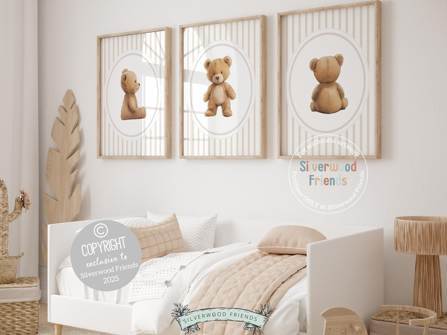 Our delightful minimalist Set of 3 Teddy Bear Nursery Prints features adorable brown teddy bears with beige and white chinoiserie stripes. Perfect for your baby boys bear nursery decor or woodland nursery decor and also makes a unique baby shower gift.