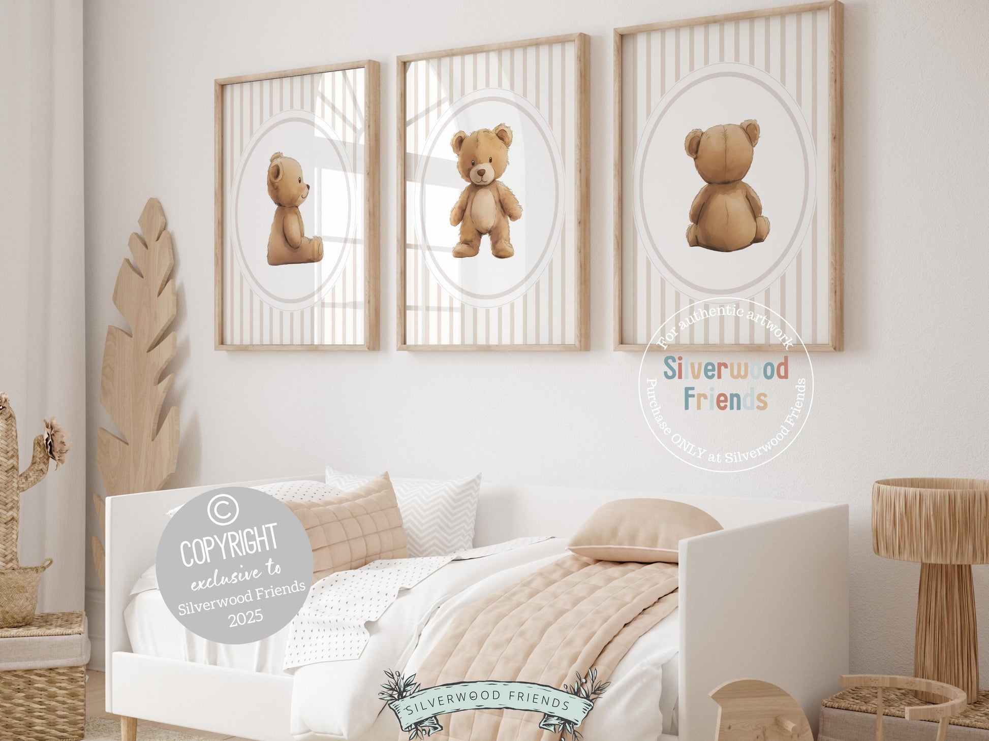 Our delightful minimalist Set of 3 Teddy Bear Nursery Prints features adorable brown teddy bears with beige and white chinoiserie stripes. Perfect for your baby boys bear nursery decor or woodland nursery decor and also makes a unique baby shower gift.