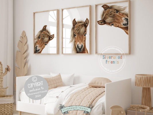 Our Peeking Horse Nursery Prints features adorable watercolor peeking horses set on a white background and is perfect for your western nursery decor or as a unique farm baby shower gift.