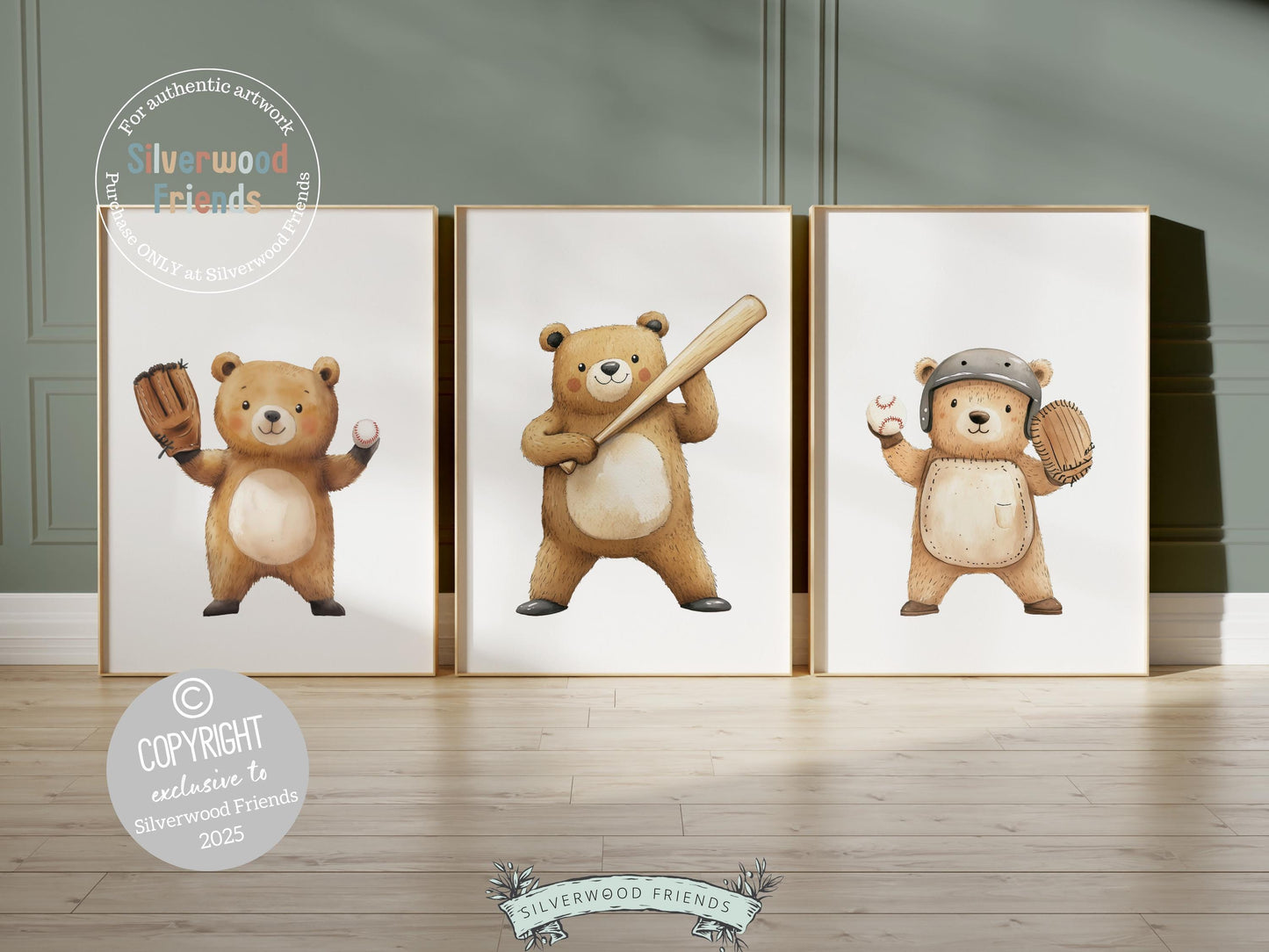 Baseball Nursery Prints, Woodland Bear Nursery Decor, Boys Room Sport Theme Decor, Baseball Printable Posters, Kids Baseball Digital Prints