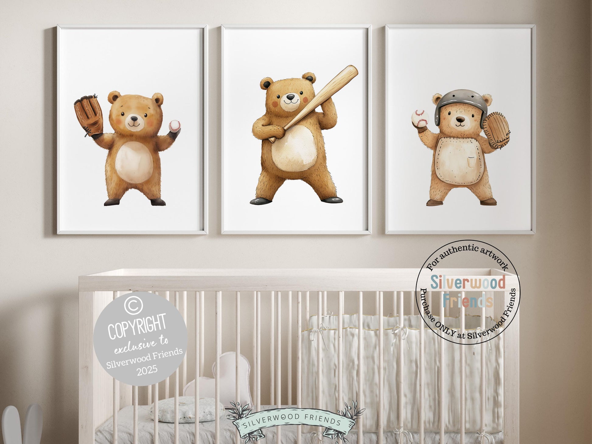Baseball Nursery Prints, Woodland Bear Nursery Decor, Boys Room Sport Theme Decor, Baseball Printable Posters, Kids Baseball Digital Prints