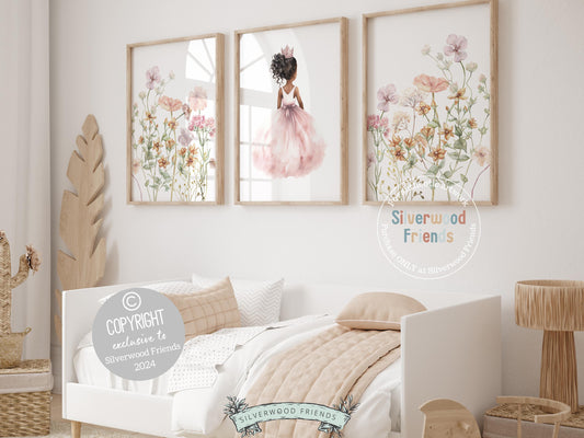 Set of 3 Princess Wildflower Nursery Prints, featuring a delicate princess and enchanting wildflowers. These prints add a touch of fairy tale charm to her space, igniting whimsical dreams with every glance. Perfect as a ballet baby shower gift
