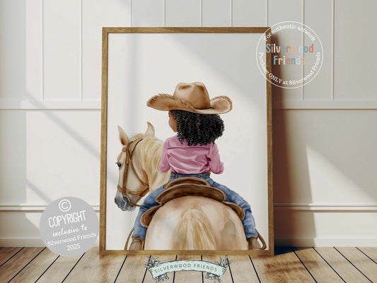Saddle up for a heartwarming adventure! Our enchanting watercolor cowgirl print beautifully captures the magical bond between a little cowgirl and her beloved horse. This artwork brings warmth, wonder, and a touch of the wild west to any nursery or horse themed space. A perfect keepsake for little riders and a truly special baby shower gift!