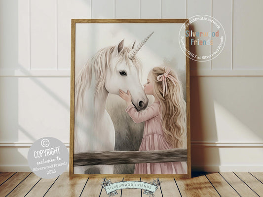 Create a dreamy fairytale nursery with our Unicorn Nursery Print, featuring a sweet moment between a little blonde girl and her magical white unicorn. A whimsical touch for your nursery decor and also makes a heartfelt baby shower gift that will be adored!