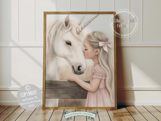 Create a dreamy fairytale nursery with our Unicorn Nursery Print, featuring a sweet moment between a little blonde girl and her magical white unicorn. A whimsical touch for your nursery decor and also makes a heartfelt baby shower gift that will be adored!