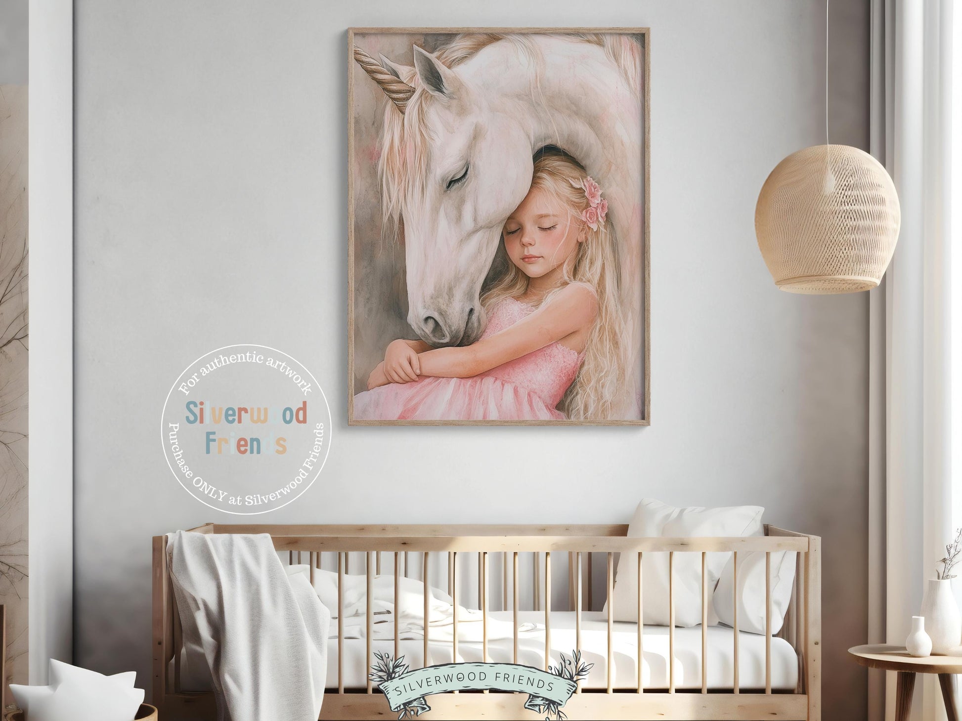 Baby Girl Unicorn Nursery Print, White Unicorn Horse Nursery Bedroom Decor, Little Girl's Fairytale Fantasy Nursery Wall Art Digital Print