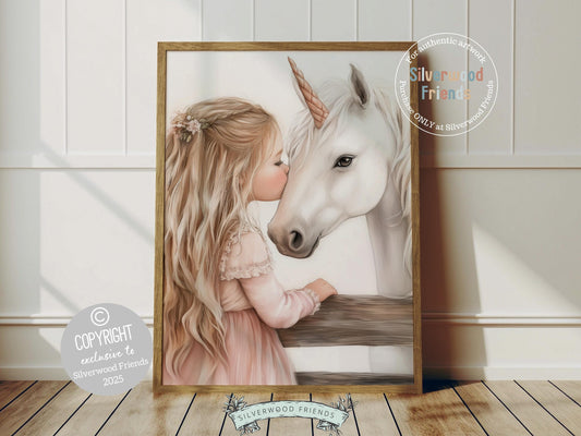 Create a dreamy fairytale nursery with our Unicorn Nursery Print, featuring a sweet moment when a little blonde girl kisses her magical white unicorn. A whimsical touch for your nursery decor and also makes a heartfelt baby shower gift that will be adored!