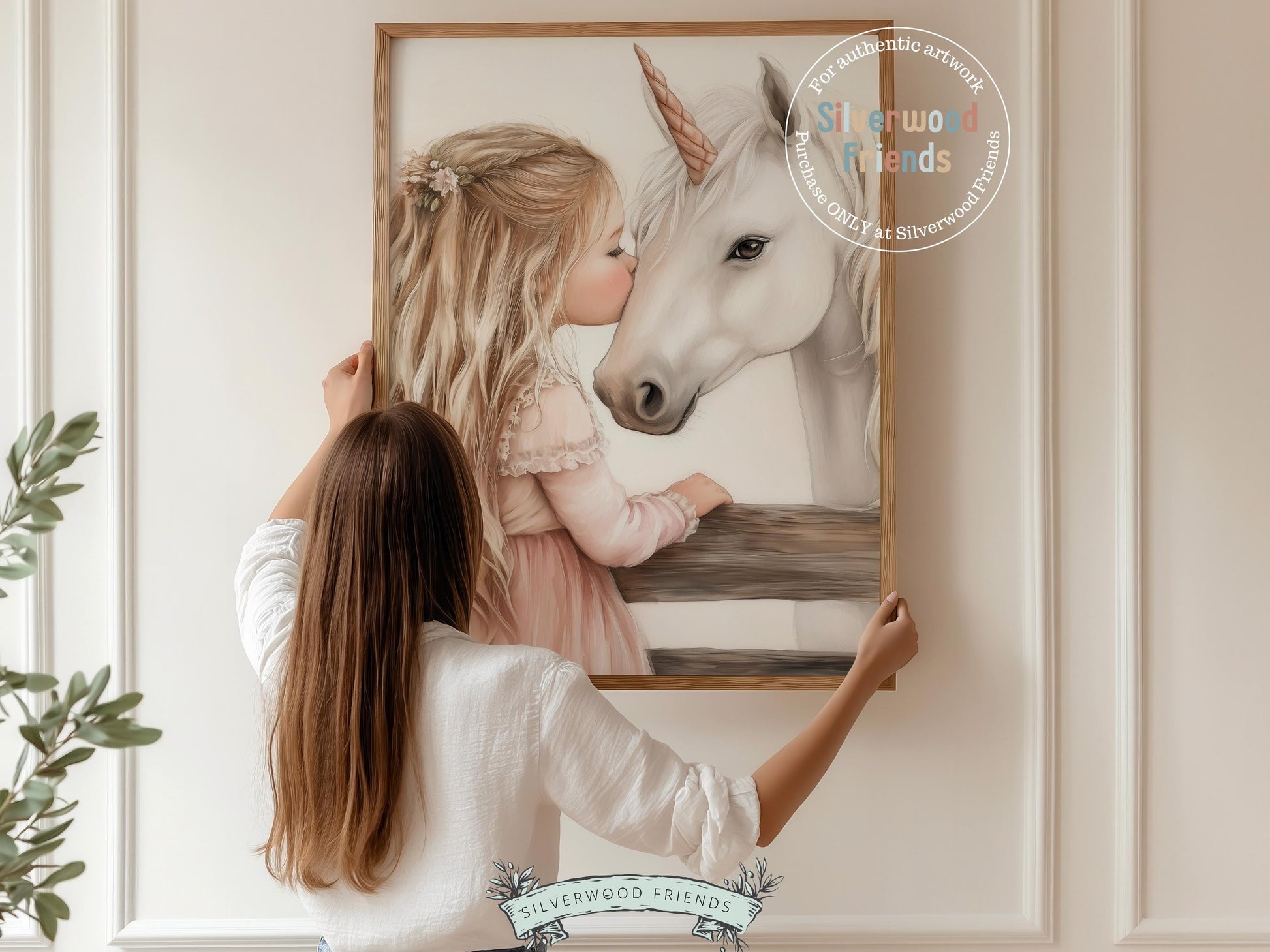 Create a dreamy fairytale nursery with our Unicorn Nursery Print, featuring a sweet moment when a little blonde girl kisses her magical white unicorn. A whimsical touch for your nursery decor and also makes a heartfelt baby shower gift that will be adored!