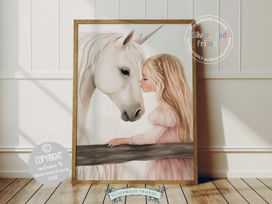 Create a dreamy fairytale nursery with our Unicorn Nursery Print, featuring a sweet moment between a little blonde girl as she kisses her magical white unicorn. A whimsical touch for your nursery decor and also makes a heartfelt baby shower gift that will be adored!