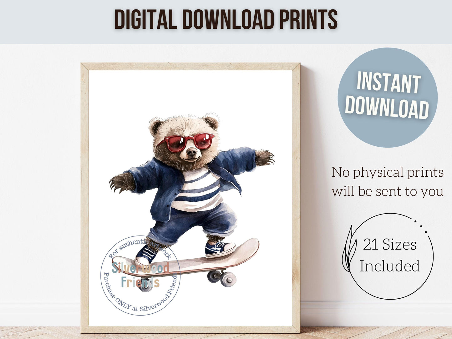 Bear Skateboard Print, Boys Sports Bear Nursery Decor, Toddler Boys Sporty Bear Nursery Wall Art, Kids Sport Theme Room Decor Digital Prints