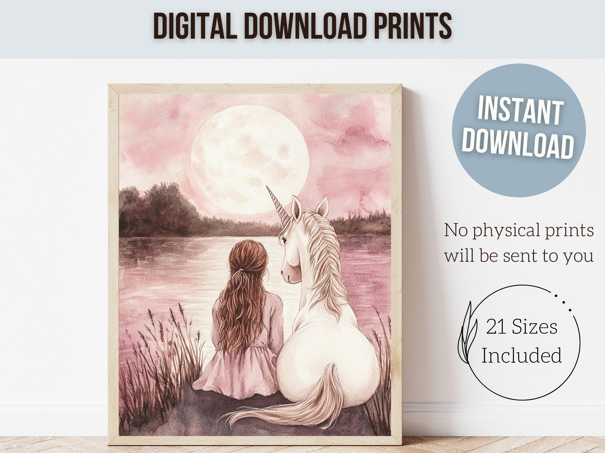 Baby Girl Unicorn Nursery Print, Pastel Pink Unicorn Nursery Bedroom Decor, Full Moon Fairytale Fantasy Nursery Wall Art Digital Print