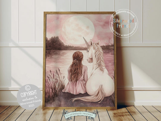 Create a dreamy sanctuary for your little one with our Unicorn Nursery Print, showcasing a girl and her unicorn peacefully sitting by the river beneath a glowing full moon and a soft pink sunset. A magical touch for any nursery!