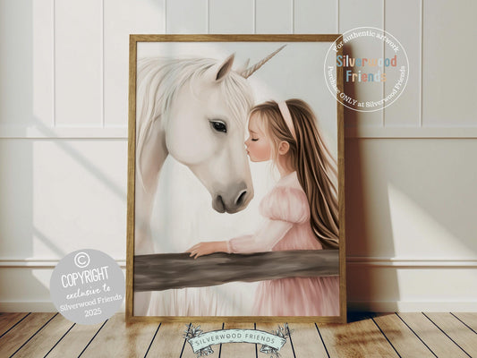 Create a dreamy fairytale nursery with our Unicorn Nursery Print, featuring a sweet moment between a little girl and her magical white unicorn at a paddock fence. A whimsical touch for your nursery decor and also makes a heartfelt baby shower gift that will be adored!