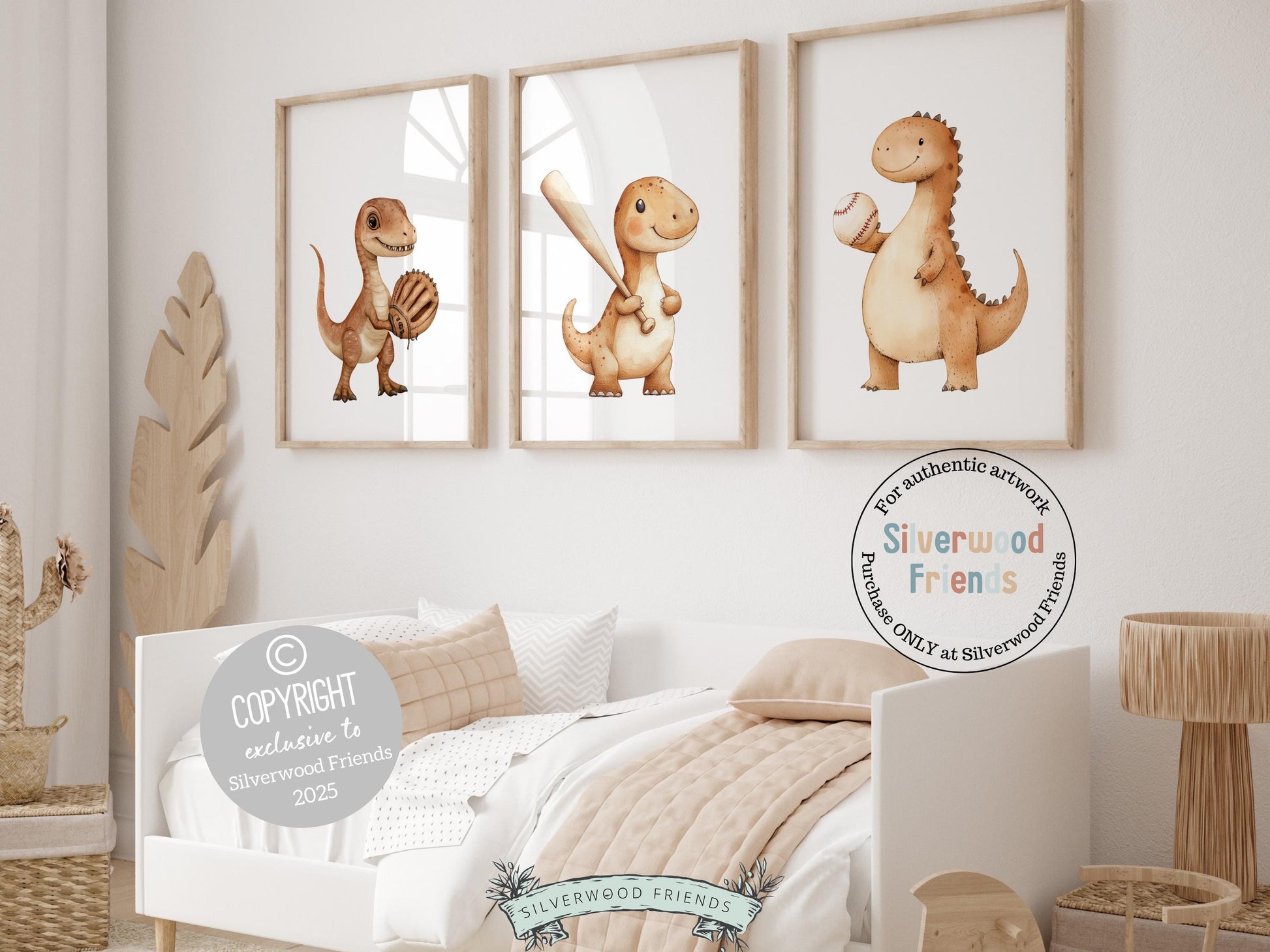 Transform your little ones nursery or sport theme room into a home run haven with our Dinosaur Baseball Nursery Prints, featuring beige watercolor dinosaurs playing baseball.