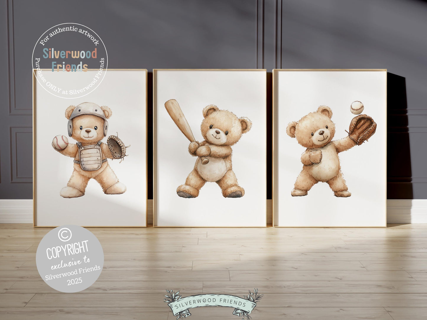 Baseball Nursery Prints, Woodland Teddy Bear Nursery Decor, Boys Room Sport Theme Decor, Kids Baseball Bear Printable Posters Digital Prints