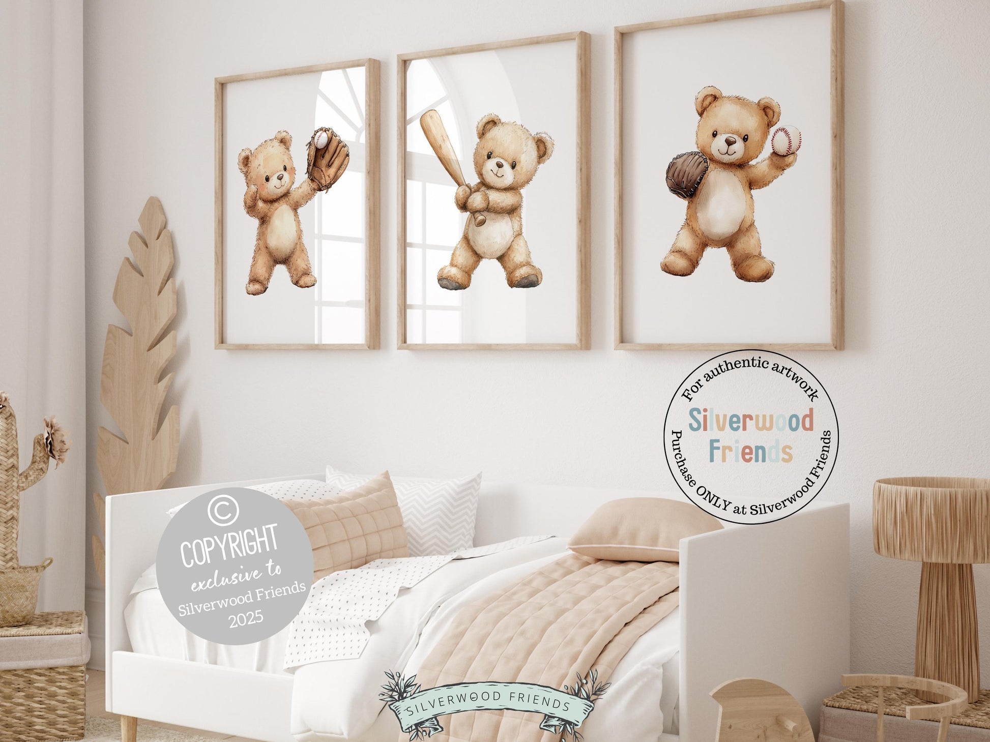 Step up to the plate with the perfect nursery decor! ⚾ Our Baseball Nursery Print Set of 3 features adorable teddy bears playing baseball, bringing a winning combination of sports excitement and woodland charm to your little sluggers space. A grand slam baby shower gift for future all-stars!