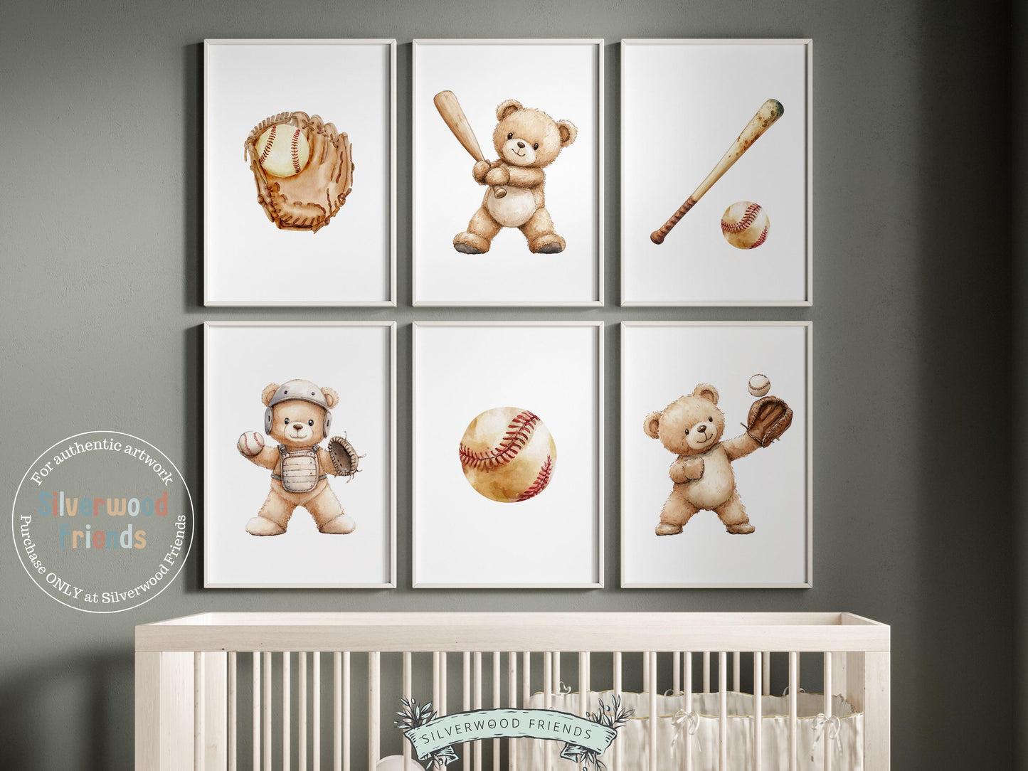 Teddy Bear Baseball Nursery Prints Set of 6, Teddy Bear Baseball Nursery Decor, Toddler Boy Sports Theme Playroom Room Decor Digital Prints