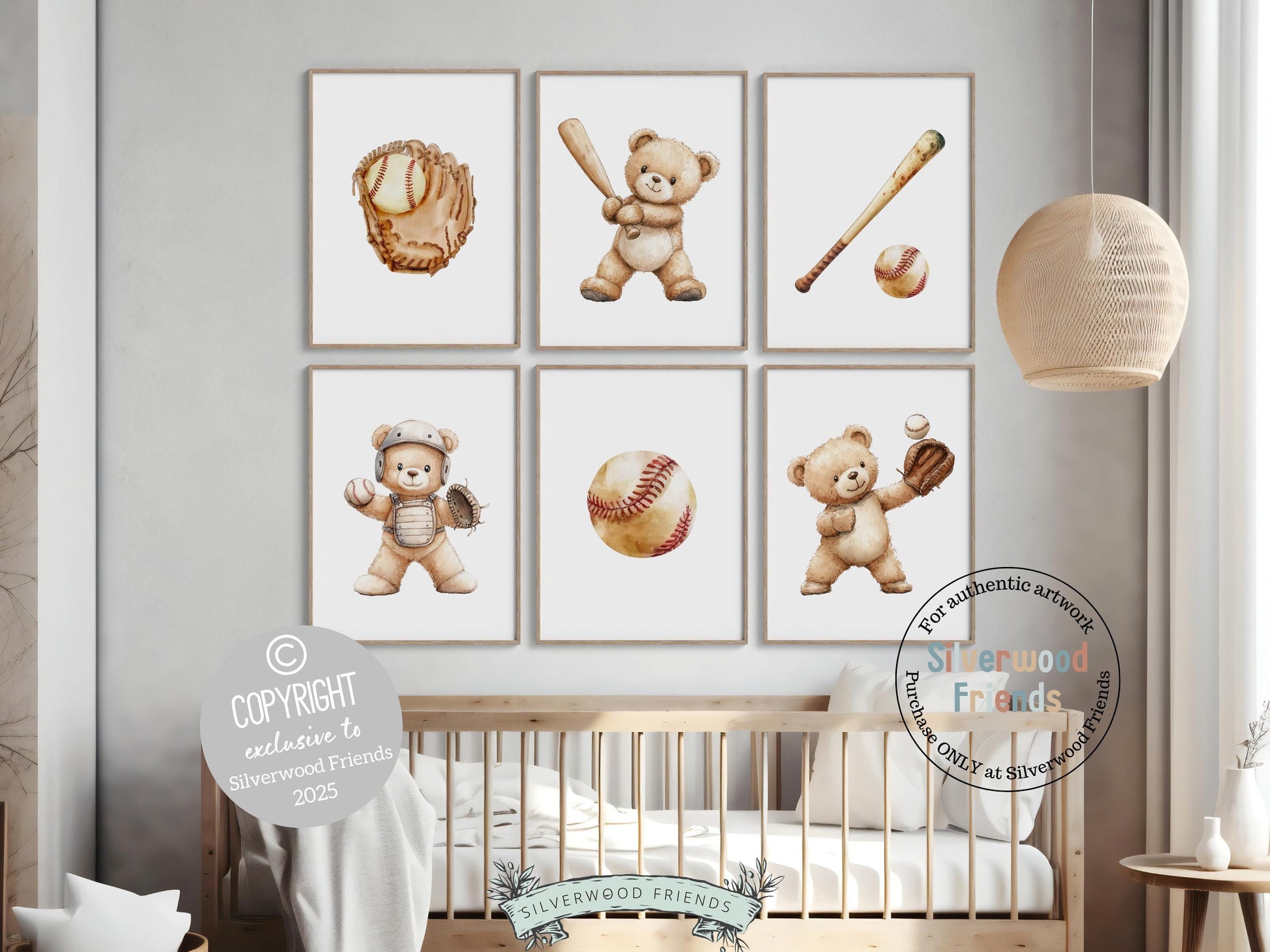 Teddy Bear Baseball Nursery Prints Set of 6, Teddy Bear Baseball Nursery Decor, Toddler Boy Sports Theme Playroom Room Decor Digital Prints