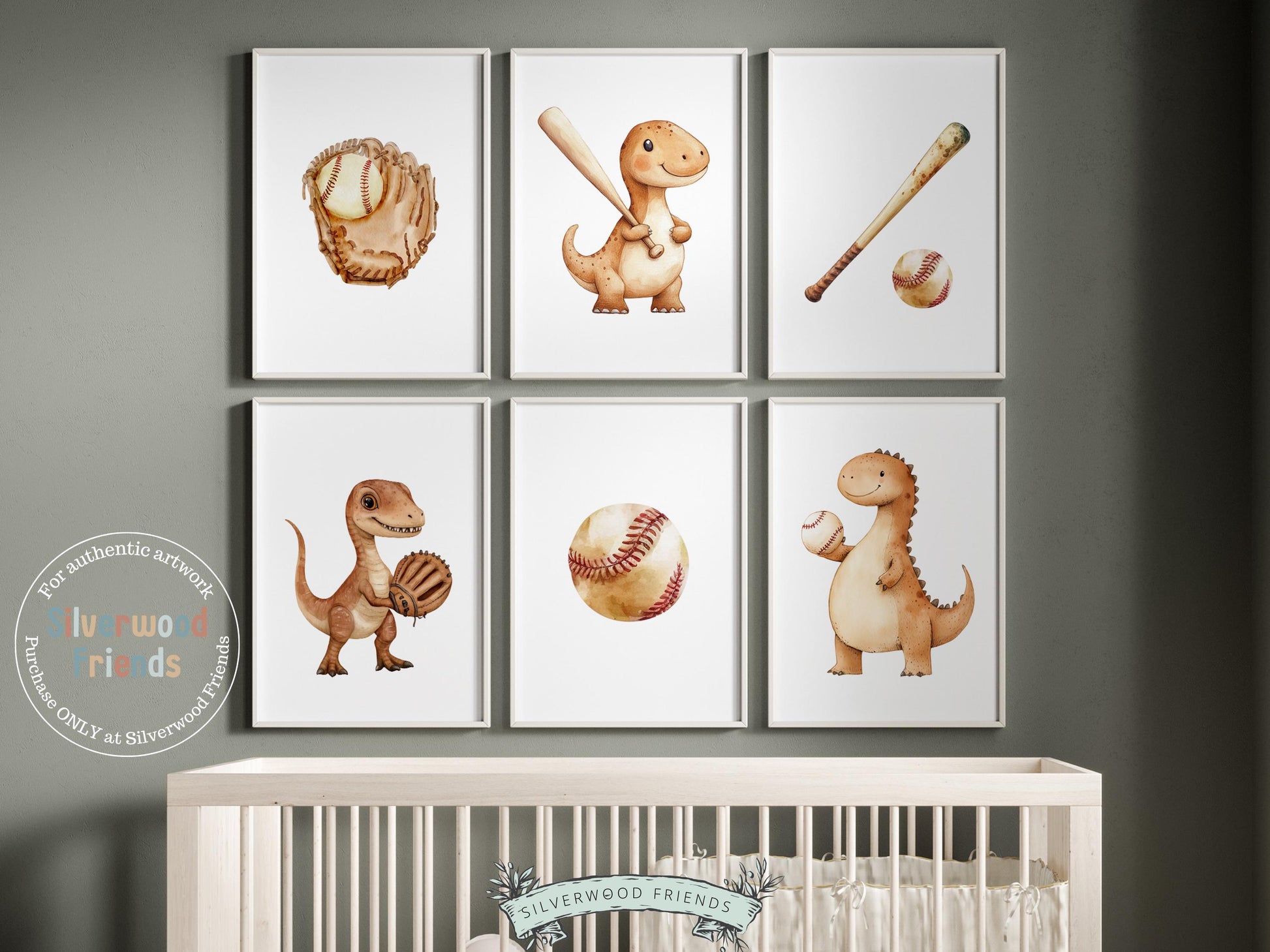 Baseball Nursery Print Set of 6, Baby Boy Dinosaur Baseball Nursery Decor, Toddler Boy Dino Sport Theme Baseball Room Decor Digital Print