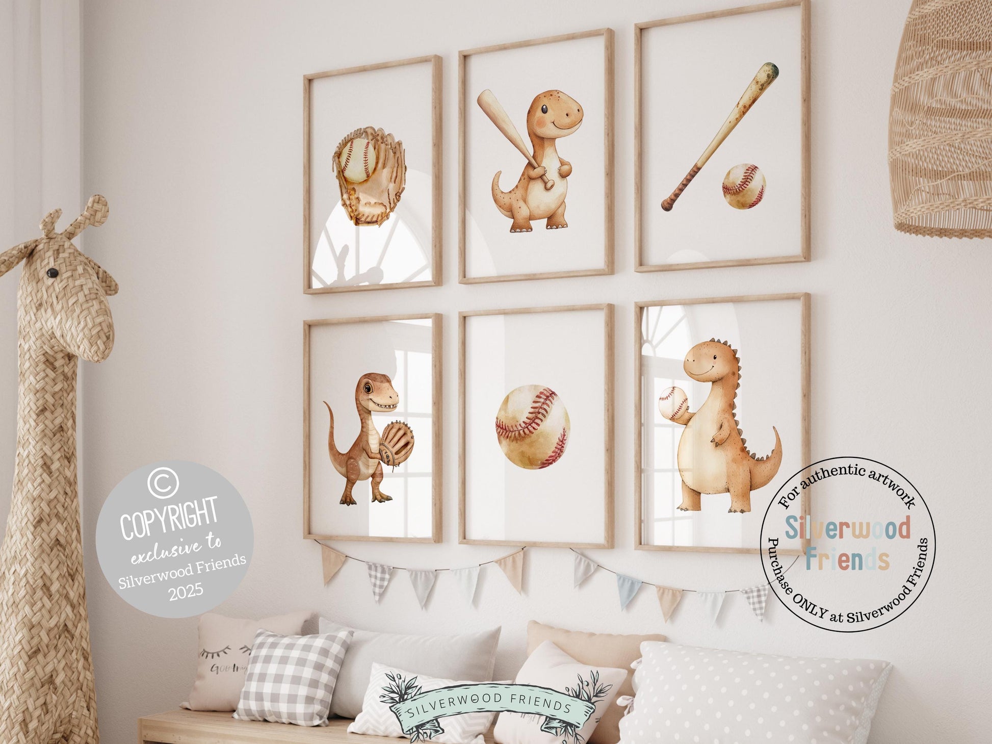 Transform your little one&#39;s nursery or sport theme room into a home run haven with our Dinosaur Baseball Nursery Prints Set of 6, featuring beige watercolor dinosaurs playing baseball.