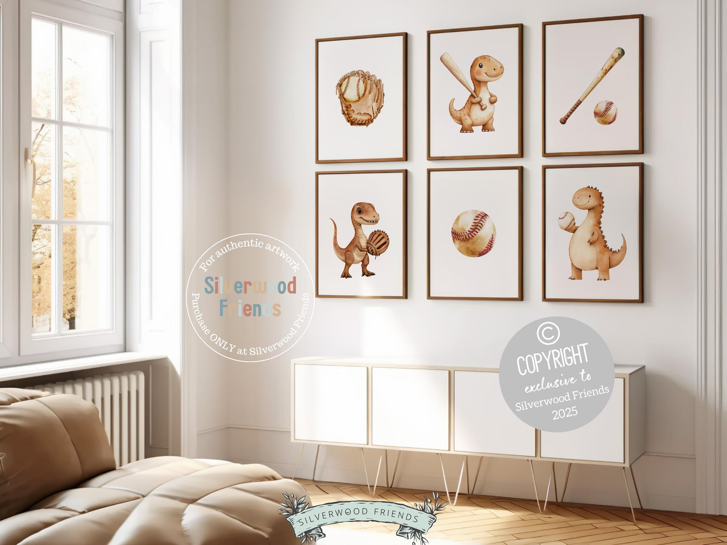 Baseball Nursery Print Set of 6, Baby Boy Dinosaur Baseball Nursery Decor, Toddler Boy Dino Sport Theme Baseball Room Decor Digital Print