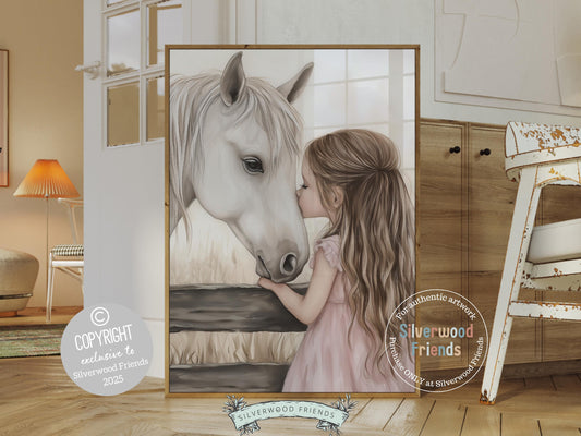 Immerse yourself in the timeless bond between cowgirl and horse with our enchanting watercolor print, depicting a little brunette girl with her beloved white horse at a paddock fence.