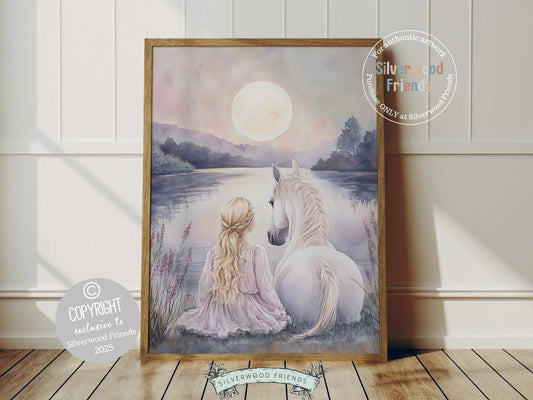 Step into a dreamy world of friendship and magic with our enchanting watercolor print, featuring a blonde girl and her beloved white horse resting by a river beneath a pastel pink full moon and sunset. Perfect for horse-themed decor or a fairy princess room, this unique print also makes a heartfelt baby shower gift for horse lovers!