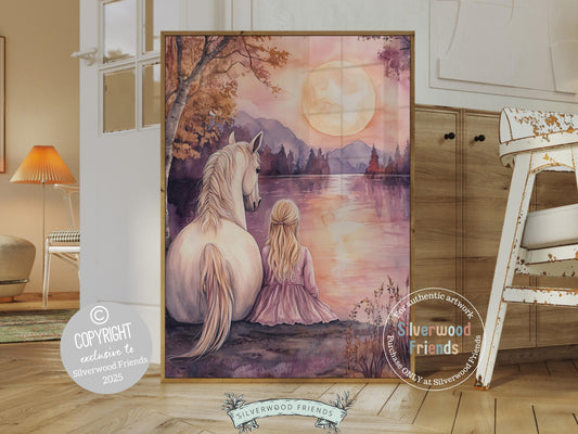 Step into a dreamy world of friendship and magic with our enchanting watercolor print, featuring a blonde girl and her beloved white horse resting by a river beneath a pastel pink full moon and sunset. Perfect for horse-themed decor or a fairy princess room, this unique print also makes a heartfelt baby shower gift for horse lovers!