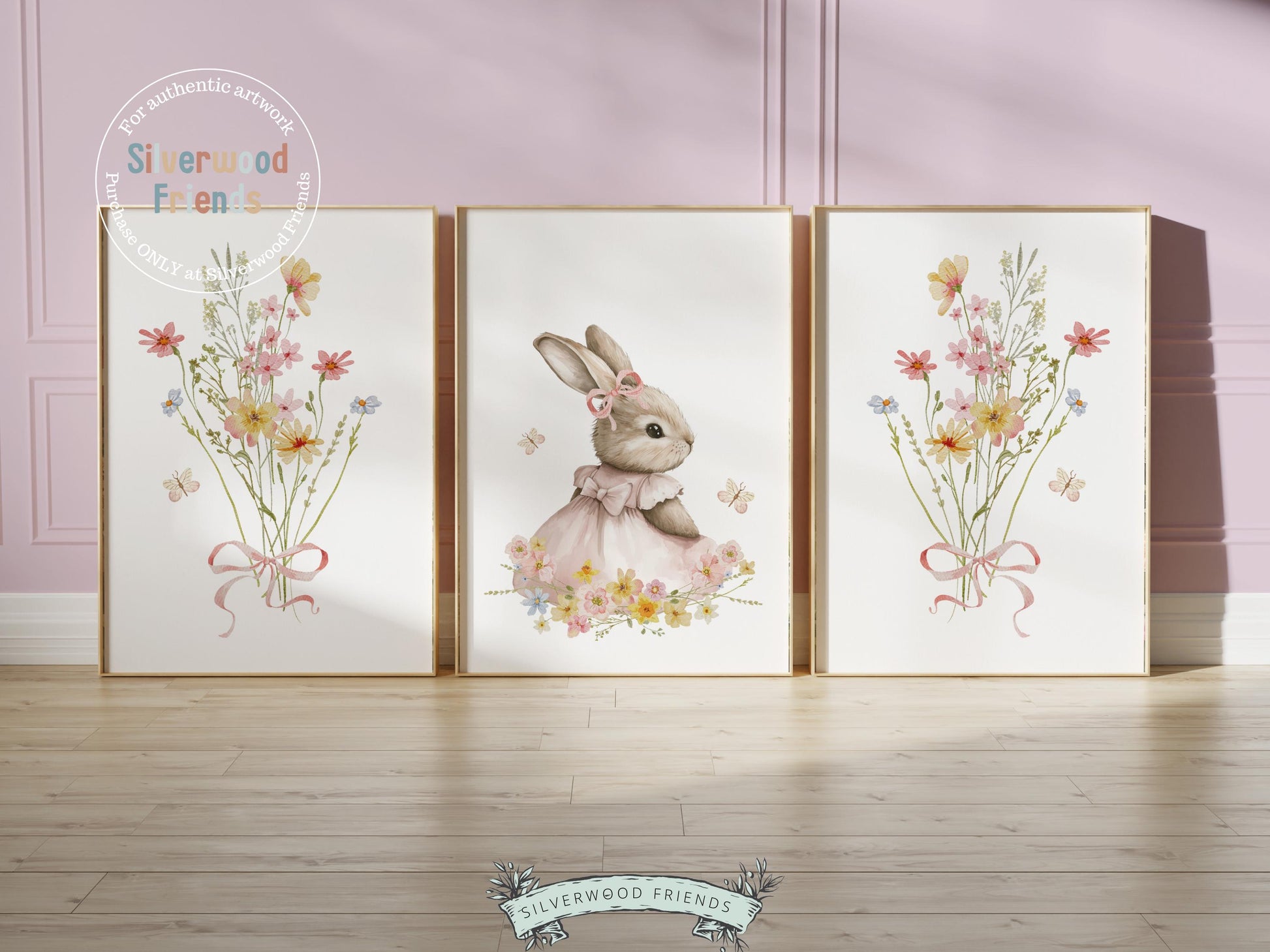 Bunny Nursery Prints, Floral Bunny Nursery Wall Art, Wildflower Nursery Decor, Baby Girl Bedroom Spring Easter Bunny Nursery Digital Prints