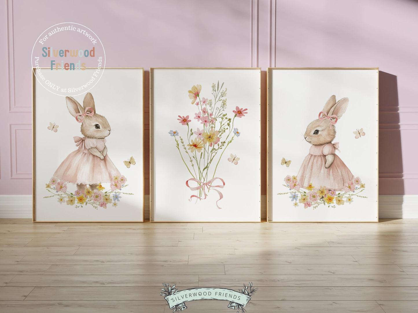 Bunny Nursery Prints, Floral Bunny Nursery Wall Art, Wildflower Nursery Decor, Baby Girl Bedroom Spring Easter Bunny Nursery Digital Prints