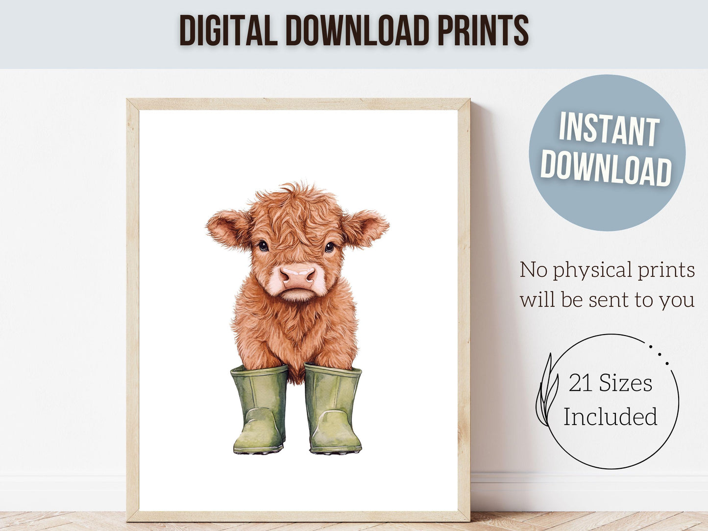 Highland Cow Nursery Print, Sage Green Highland Cow Nursery Decor, Watercolor Highland Cow Gift, Kids Farm Bedroom Wall Decor Digital Print