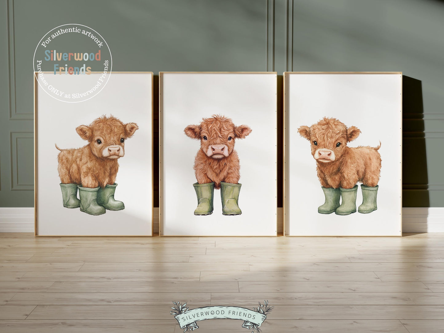 Highland Cow Nursery Print, Sage Green Highland Cow Nursery Decor, Watercolor Highland Cow Gift, Kids Farm Bedroom Wall Decor Digital Print