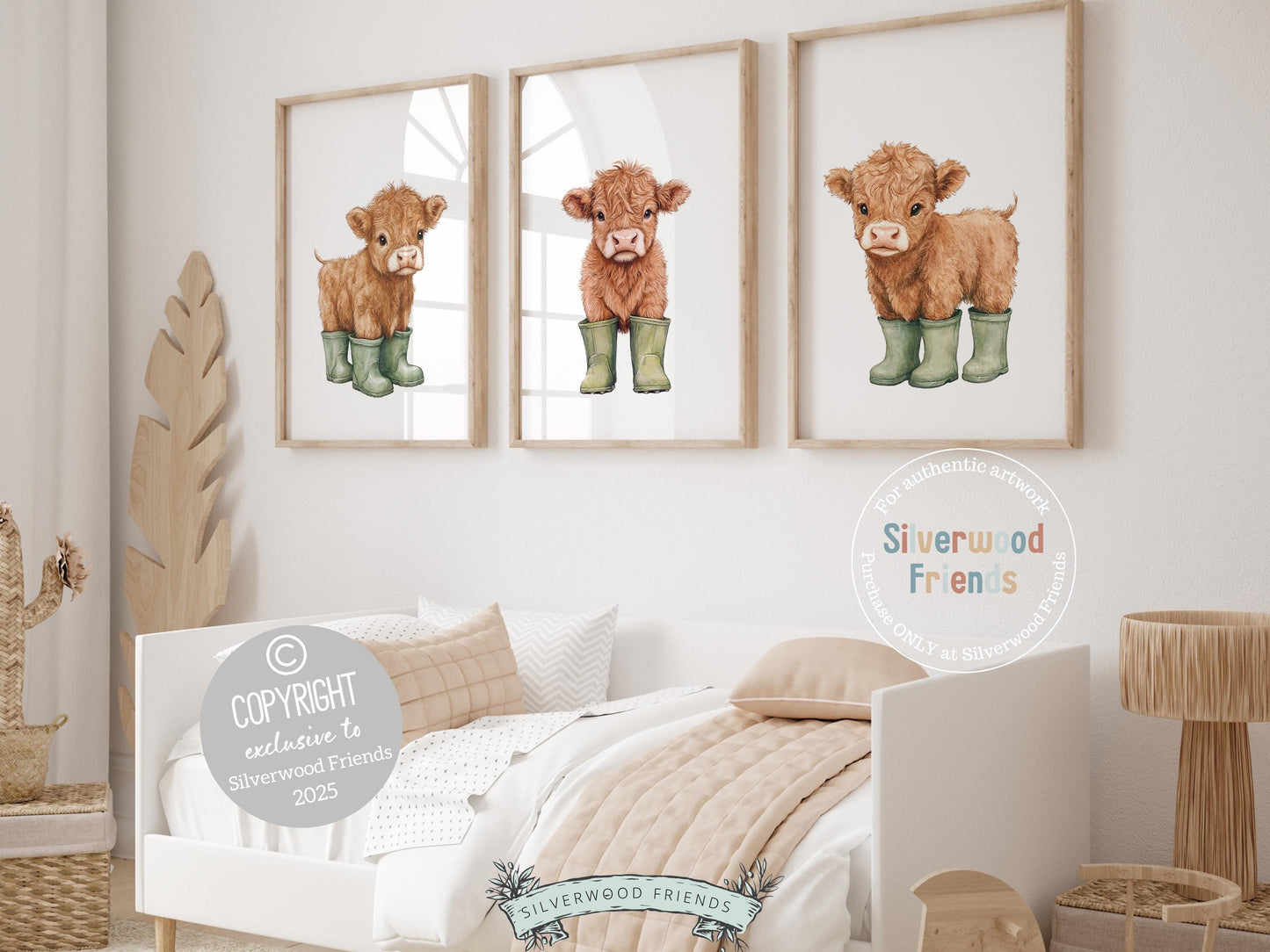 Our charming Highland Cow Prints showcase adorable watercolor baby highland cows in sage green rain boots, bringing the perfect blend of rustic charm and whimsy to any space. Designed for versatility, these prints make a delightful addition to both nursery decor and farmhouse mudroom wall art and make an adorable gender neutral farm baby shower gift!